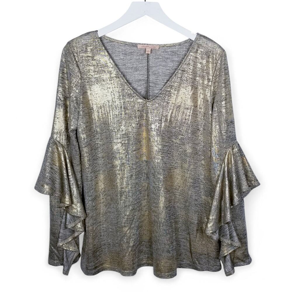 GIBSON LATIMER Shiny Gold Metallic V-neck Flutter Sleeve Pullover Top - Small - Picture 2 of 10